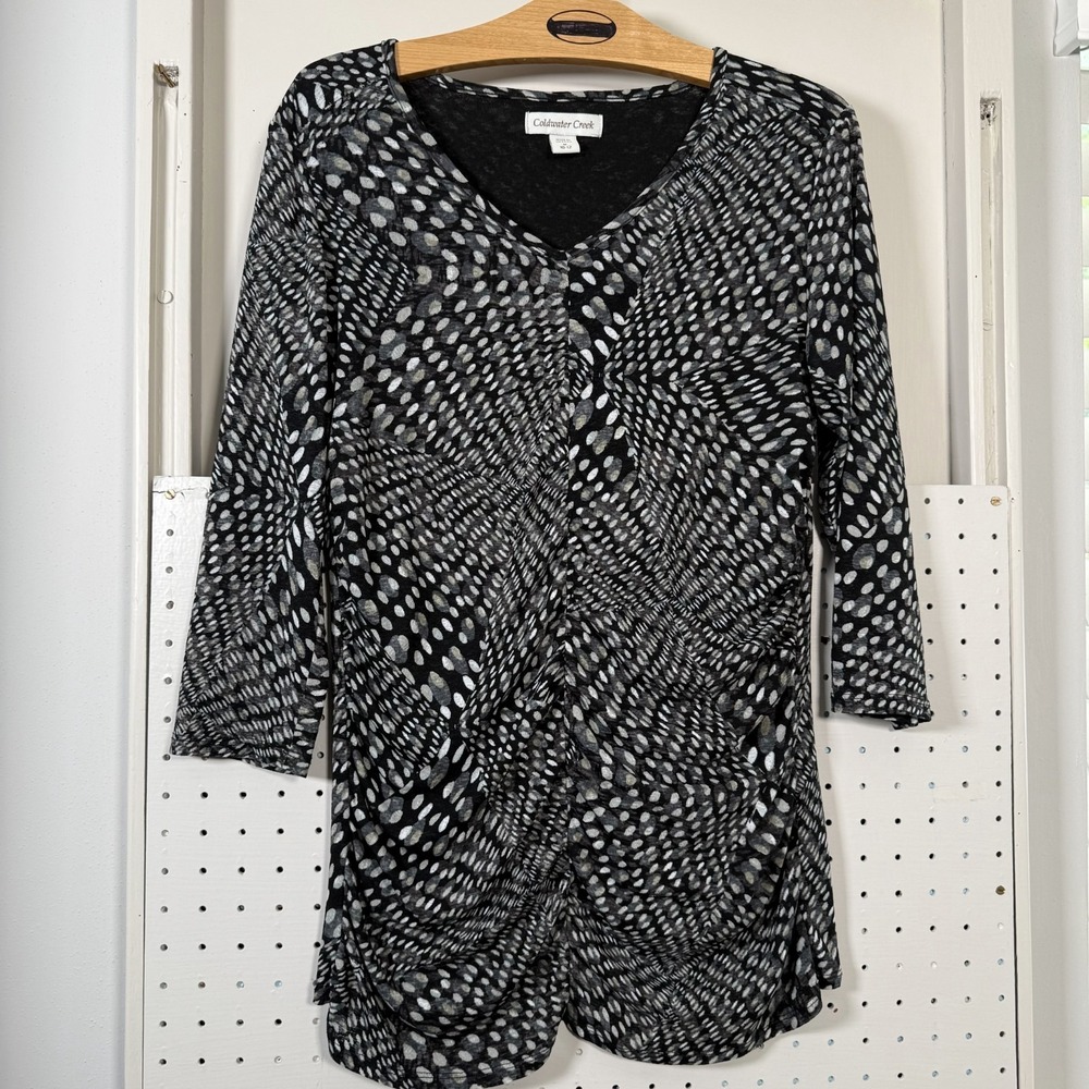 Coldwater Creek Ruched Blouse Black Gray‎ Abstract Dot Lined V-Neck Top Medium